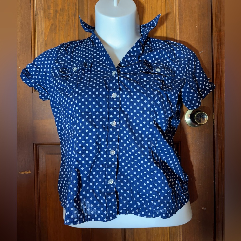 Karen Scott Blue and White Polka Dot Button Down Shirt